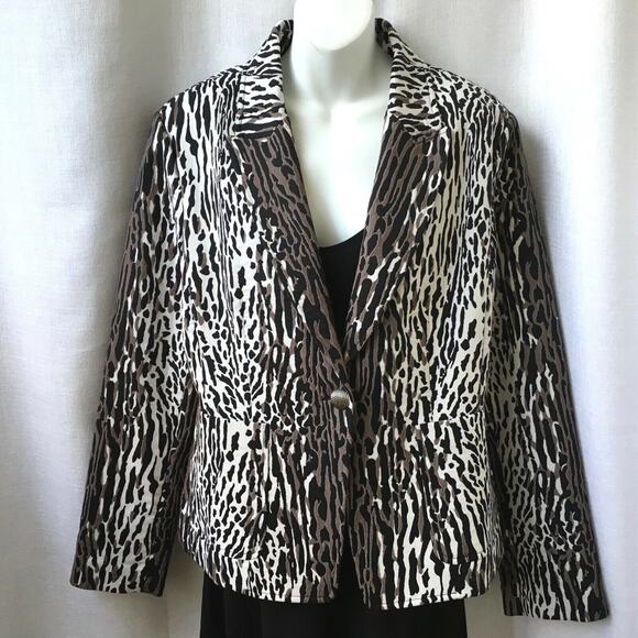 St. John Jacket Size 12 Zebra Print One Button Pockets Blazer Black White Brown - Picture 5 of 5